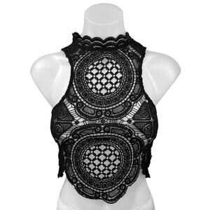 Windsor Black Crochet Open Knit High Neck Zip Sleeveless Crop Tank Top Size S